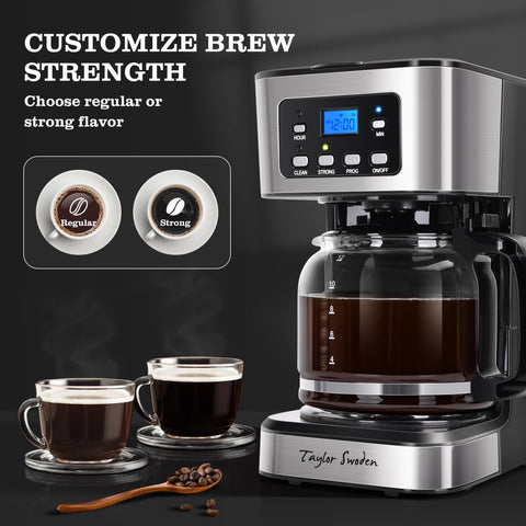 Taylor Swoden cafetera programable 12 tazas, jarra de cristal lista para ver el café