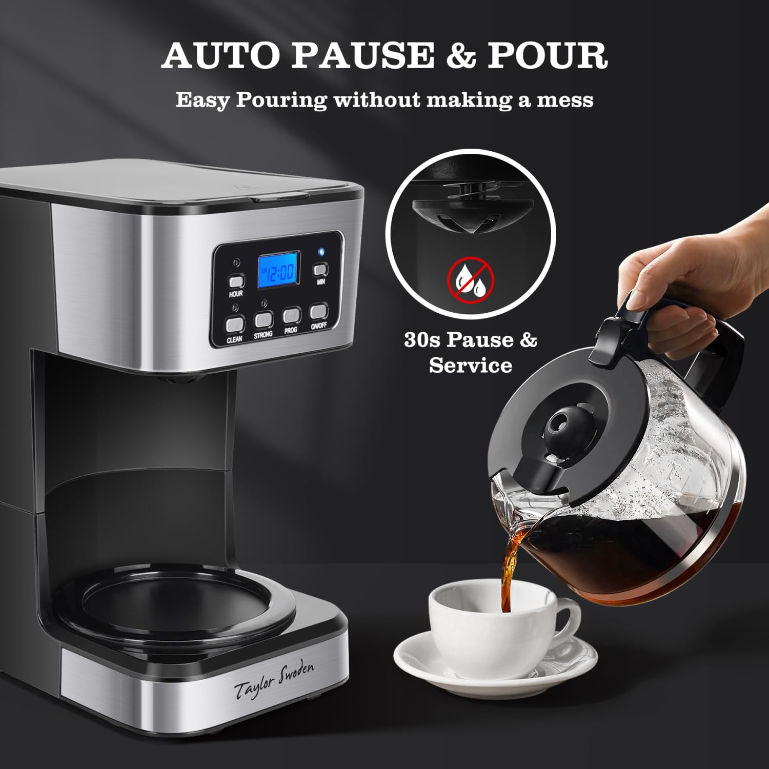 Taylor Swoden cafetera programable 12 tazas, placa caliente que mantiene el café caliente