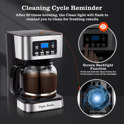 Taylor Swoden cafetera programable 12 tazas, ventana de agua para rellenar con facilidad