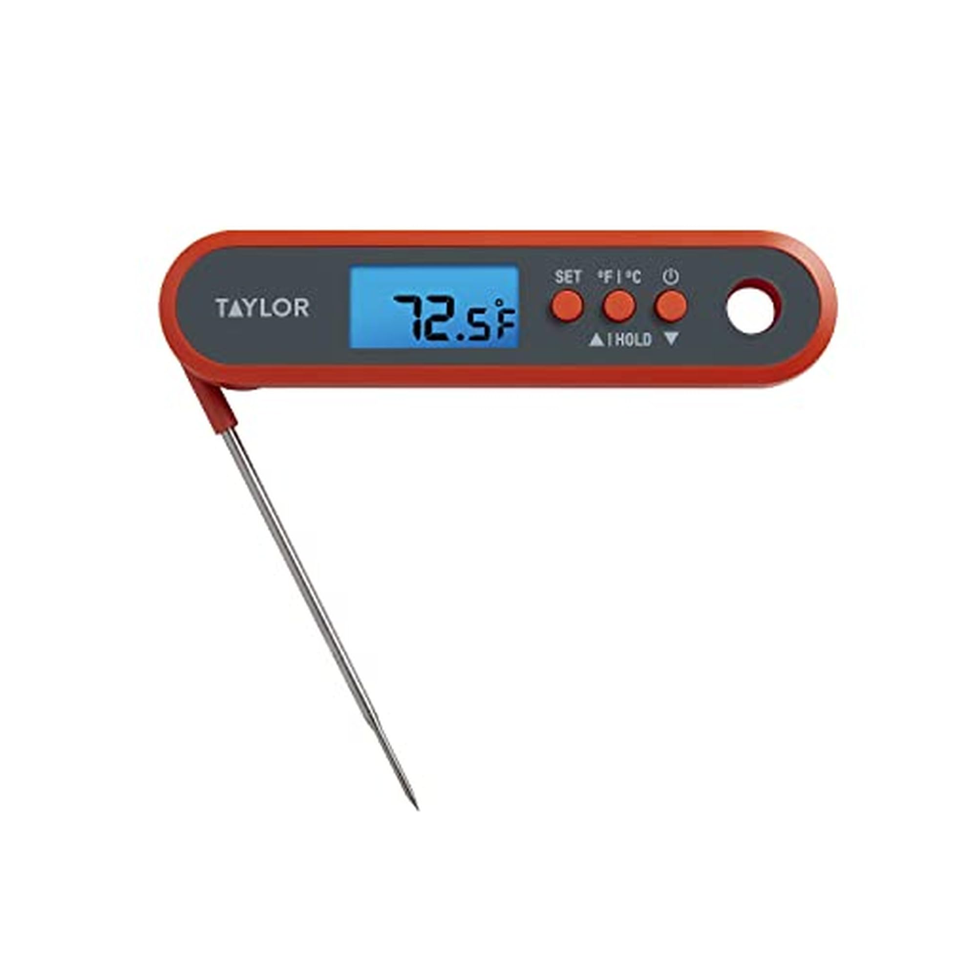 Taylor termómetro digital con sonda plegable para cocinar con precisión y almacenamiento compacto.