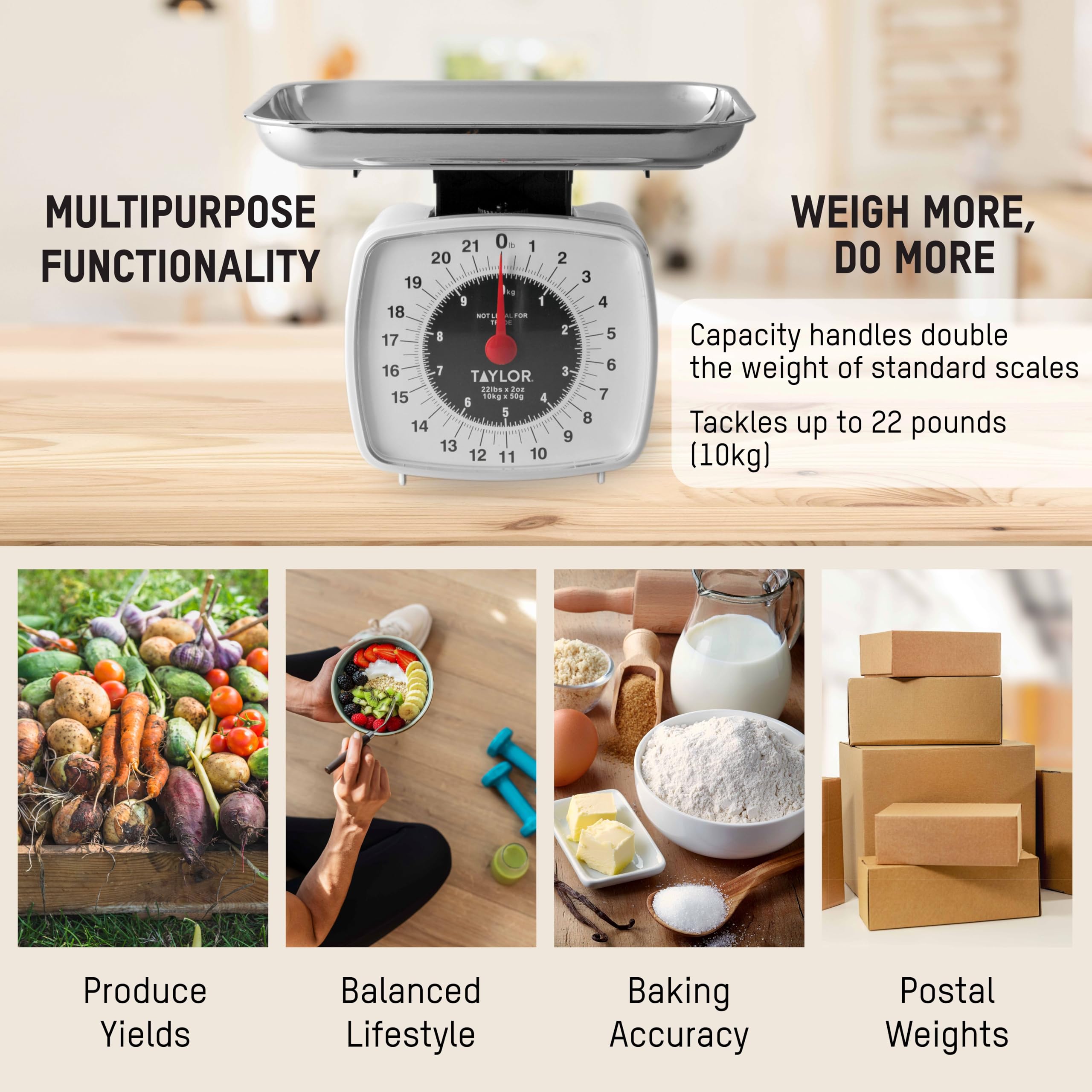 Taylor Escala mecánica: leer libras y kilogramos, útil para recetas internacionales.