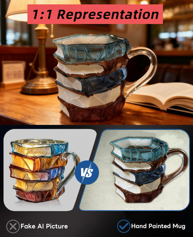 Taza libro 3D pintada con detalle de pintura en la superficie