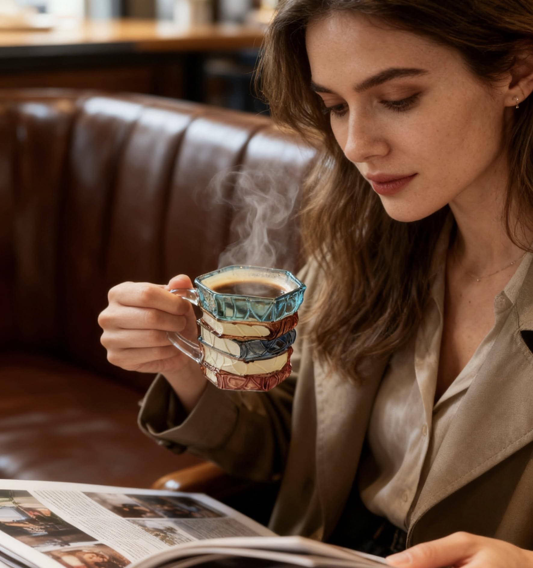 Taza libro 3D pintada con interior liso para limpieza fácil