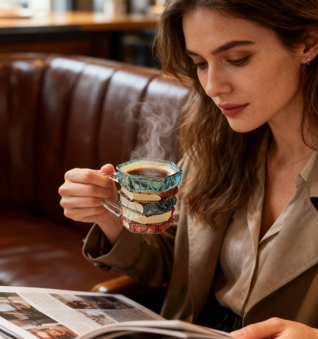 Taza libro 3D pintada con interior liso para limpieza fácil