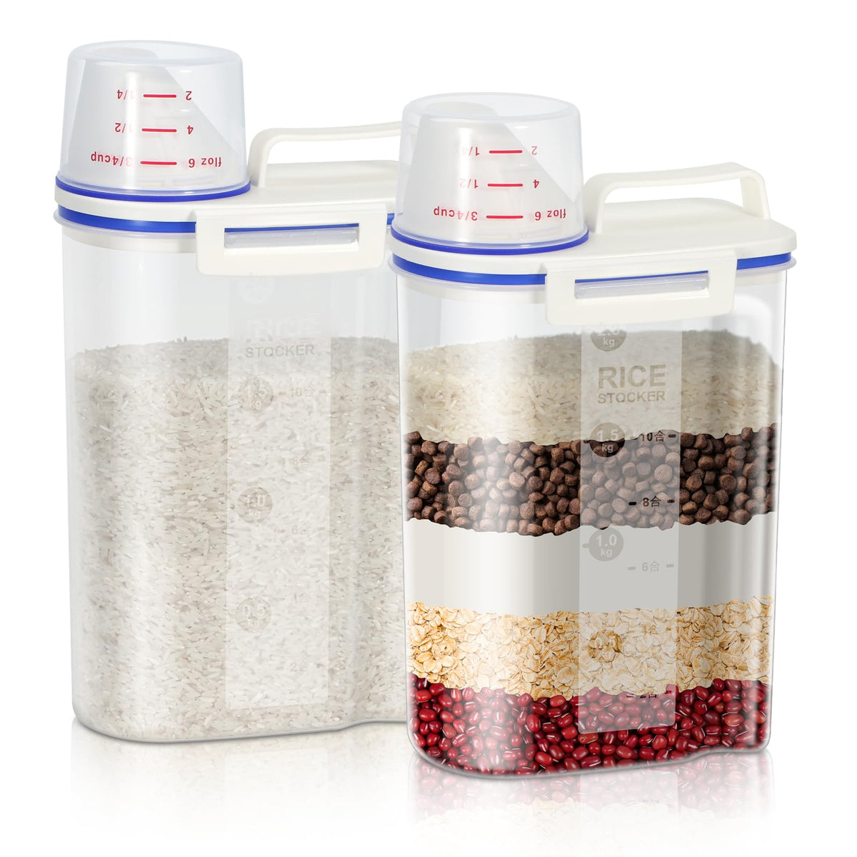 TBMax dos envases para arroz con taza medidora para porciones rápidas.