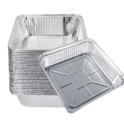 Paquete de 30 bandejas de aluminio 9x9 con tapas para transportar.