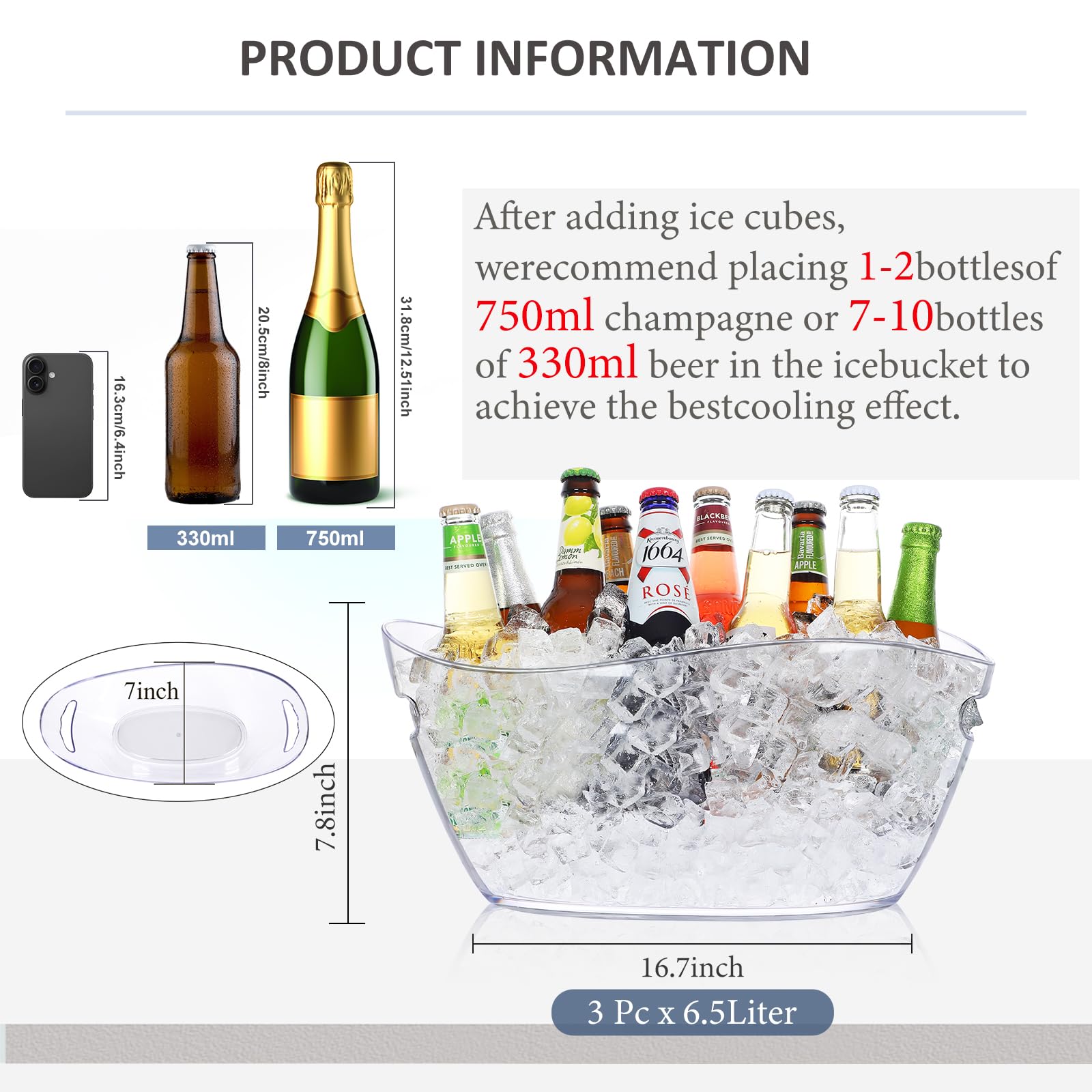 Balde de hielo acrílico 7L de Tchrules, dimensiones amplias para varias botellas