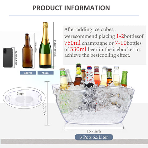 Balde de hielo acrílico 7L de Tchrules, dimensiones amplias para varias botellas