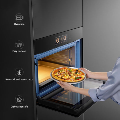 Bandeja tchrules de acero inoxidable para pizza, duradera y apta para horno.