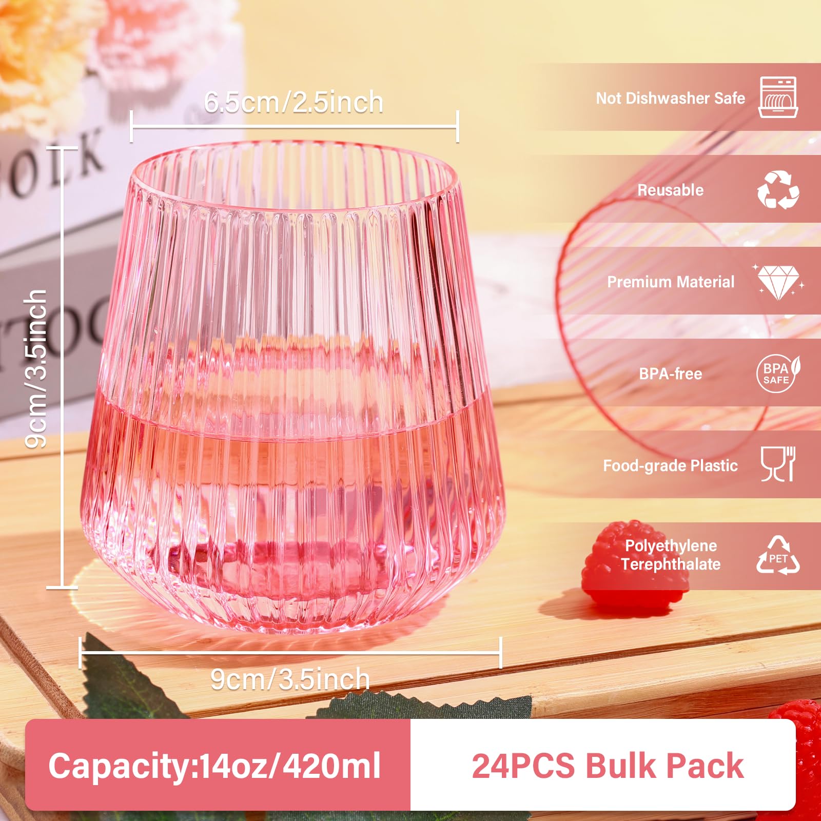 Vaso plástico sin tallo de tchrules rosa 14oz para brindis al aire libre.