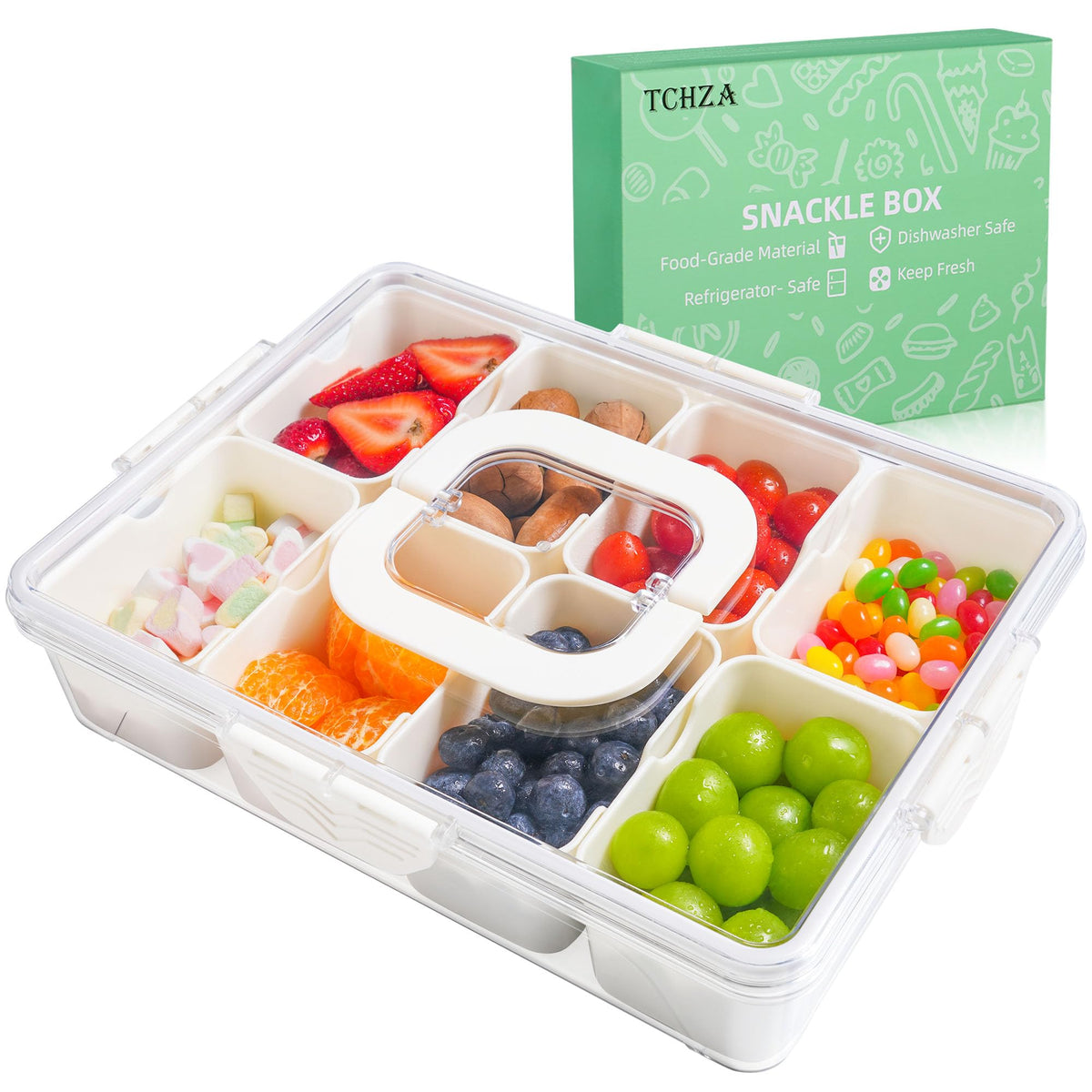 Caja Snackle de TCHZA: contenedor dividido con tapa y asa, ideal para snacks en movimiento.