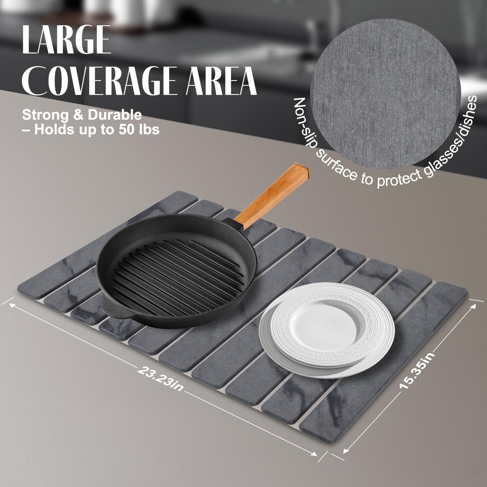 Almohadilla de secado TDCokhe piedra mármol gris oscuro junto a botellas y tazas, secado eficiente.