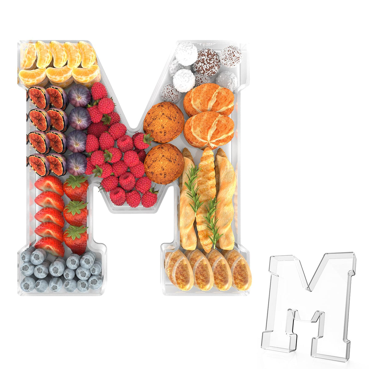 Tdsuco letra charcuterie M acrílica transparente, ideal para exhibir aperitivos.