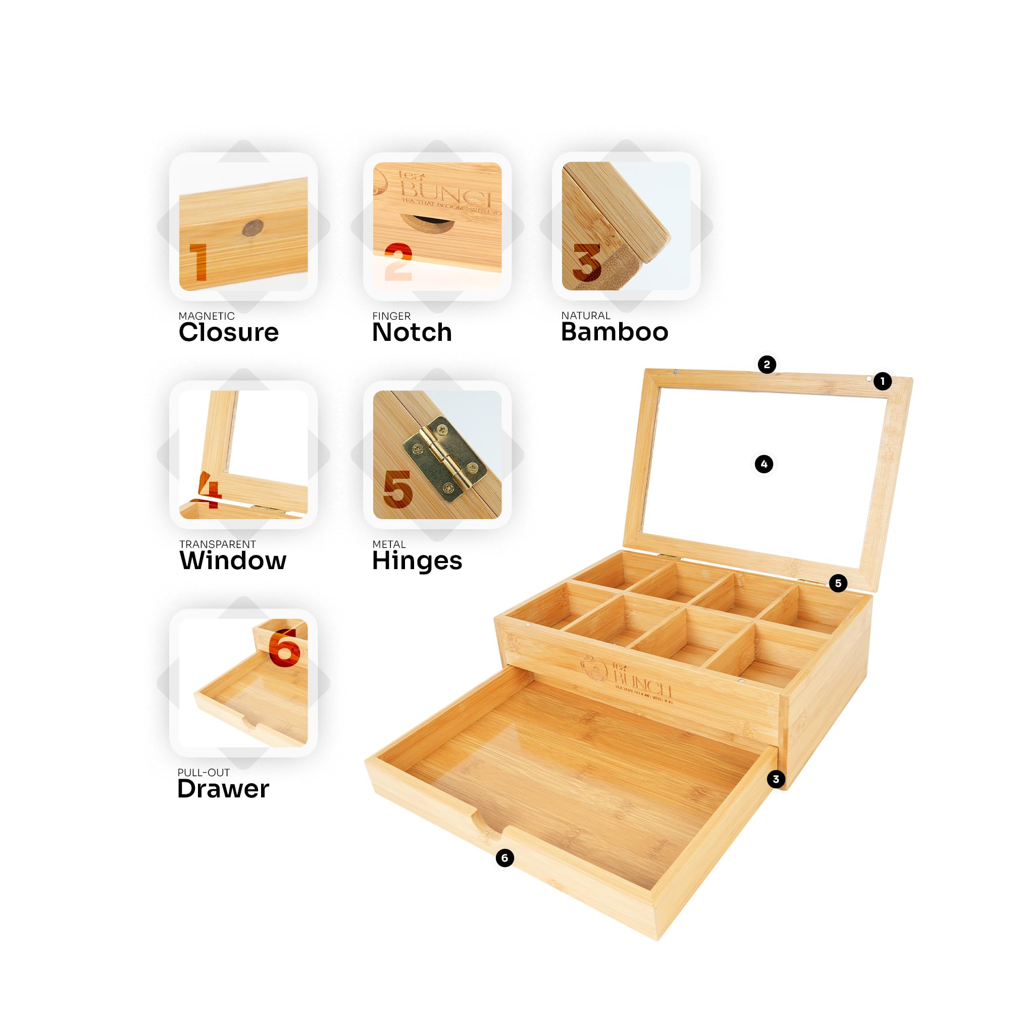 Tea Bunch caja de madera con ventana acrílica para elegir té.