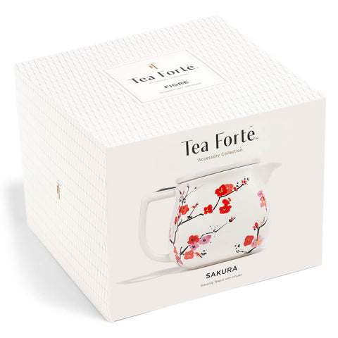 Infusor de acero inoxidable Tea Forte Fiore Sakura mantiene las hojas contenidas.