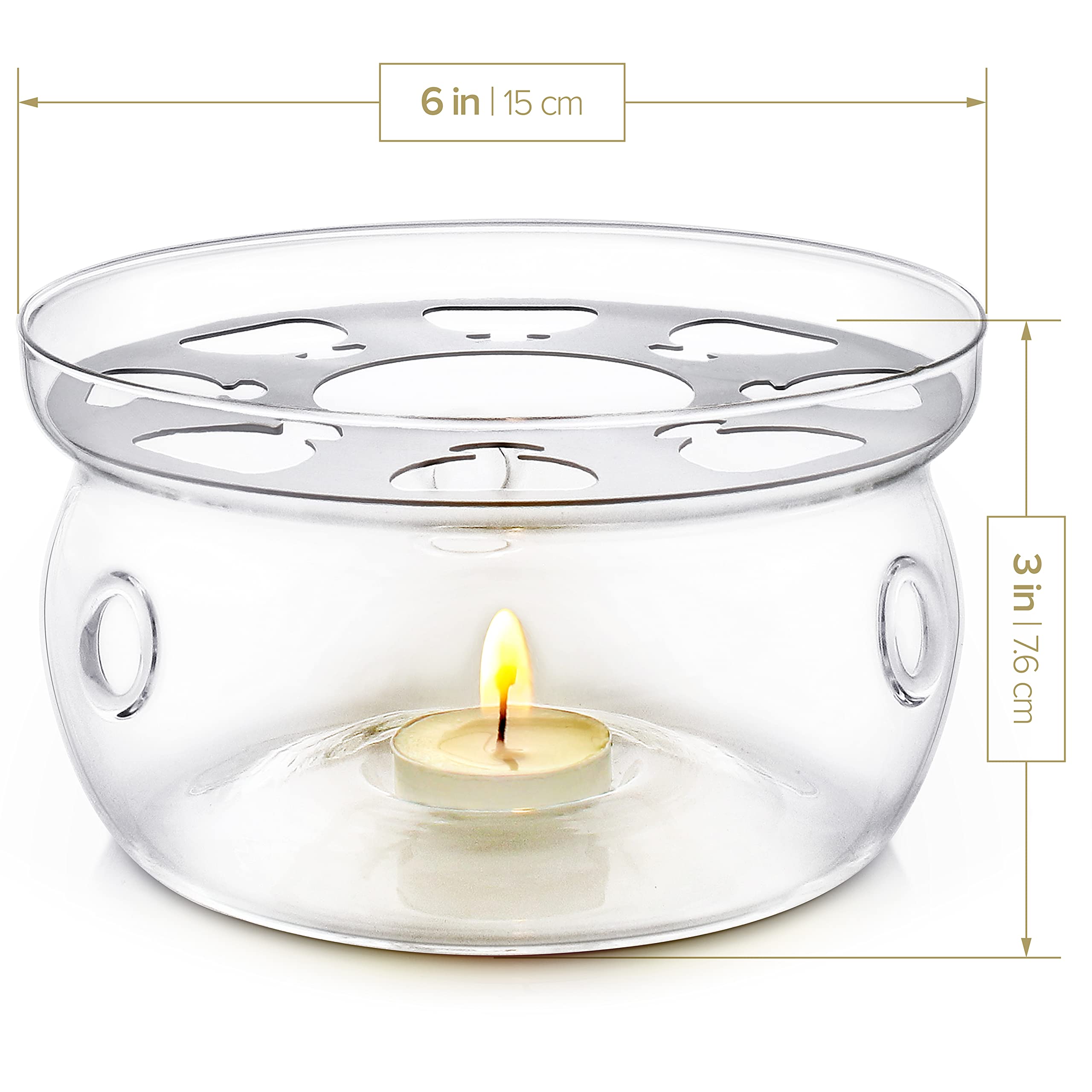 Calentador Teabloom universal en vidrio borosilicato, diseño duradero para cualquier tetera.