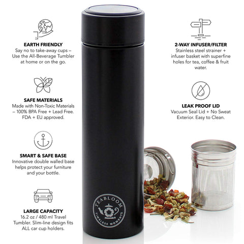 Interior de acero inoxidable con filtrado de dos vías para infusiones limpias.