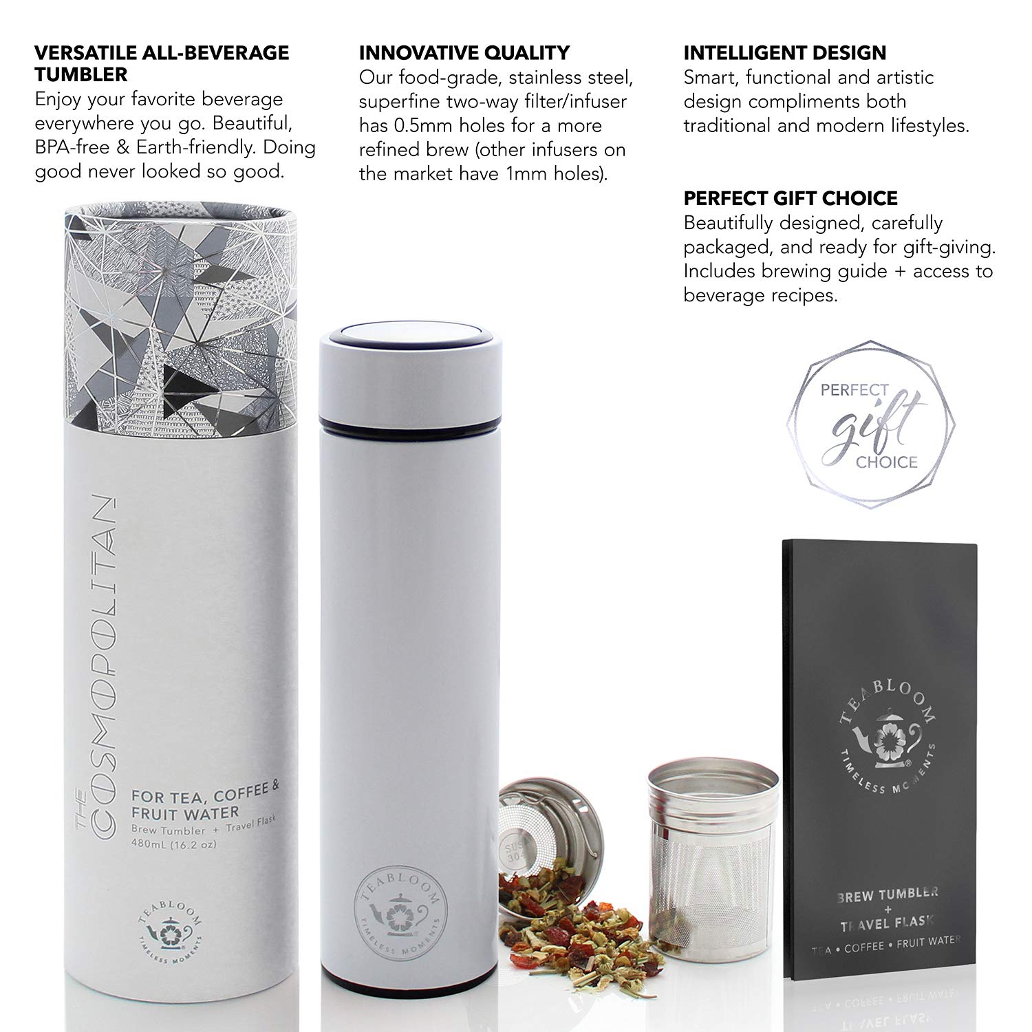 Teabloom Cosmopolitan en navy blue, vaso de viaje durable para té, café o agua.