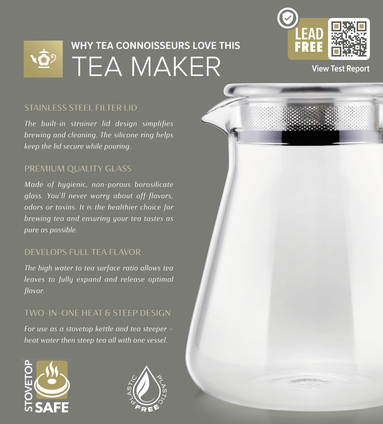 Teabloom vidrio borosilicato sin manchas para sabor puro.
