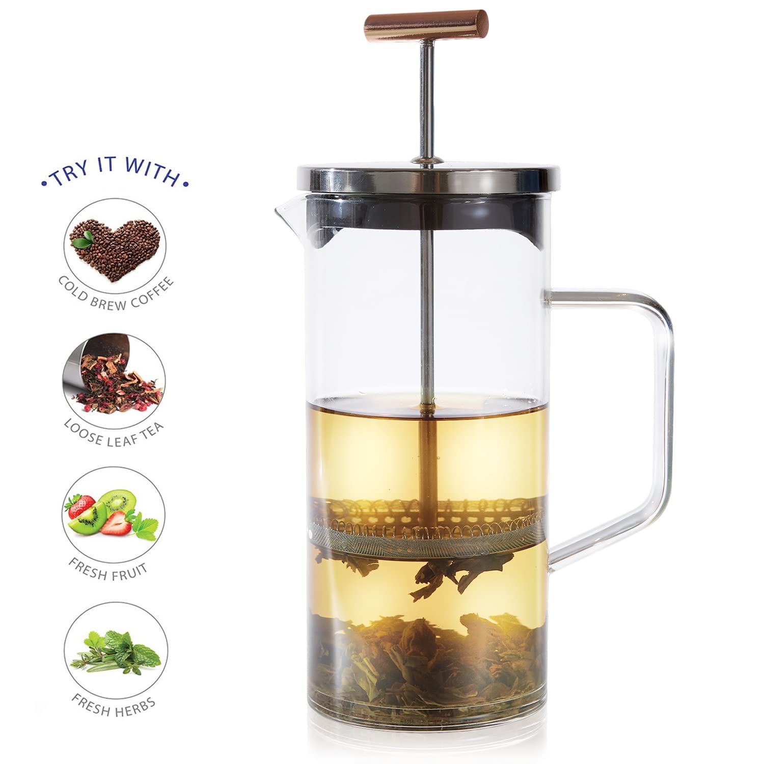 Teabloom prensa para té con cuerpo de vidrio borosilicato, sabor puro.