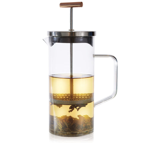 Teabloom prensa para té con manija de cobre, ideal para infusiones elegantes.