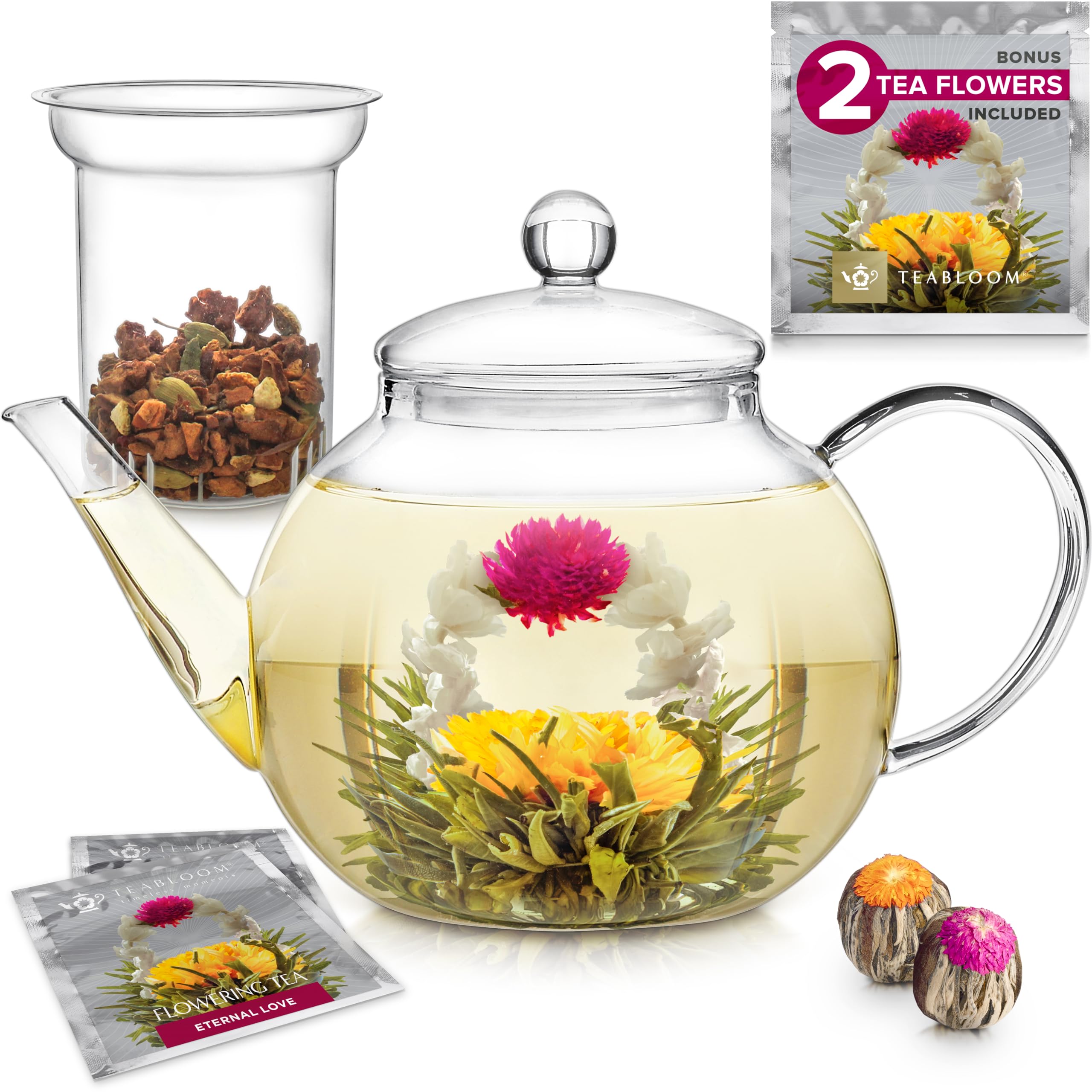 Teabloom tetera de vidrio apta para estufa y microondas para té puro.