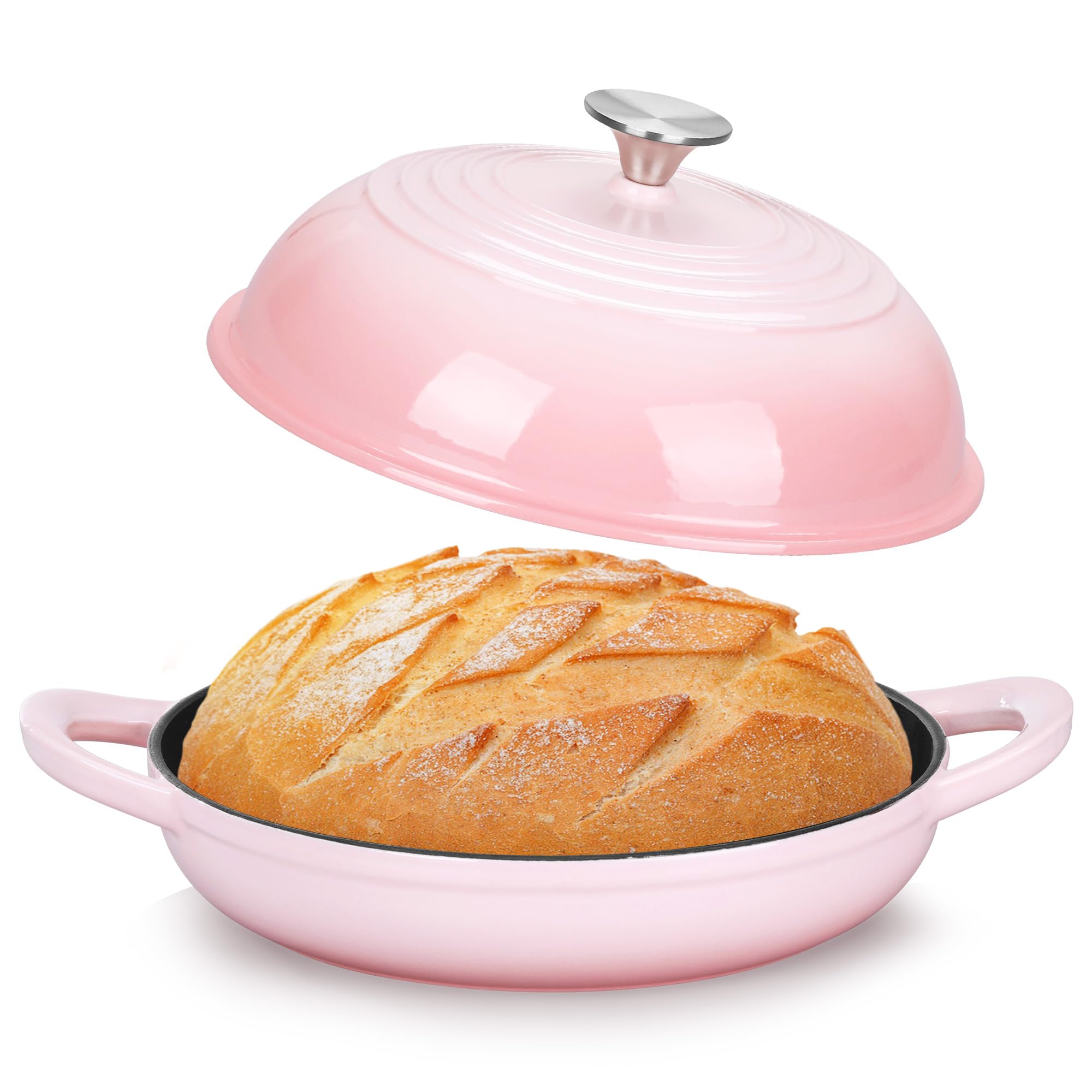 TeamFar horno de hierro esmaltado rosado 6 Qt, exterior brillante para pan crujiente.