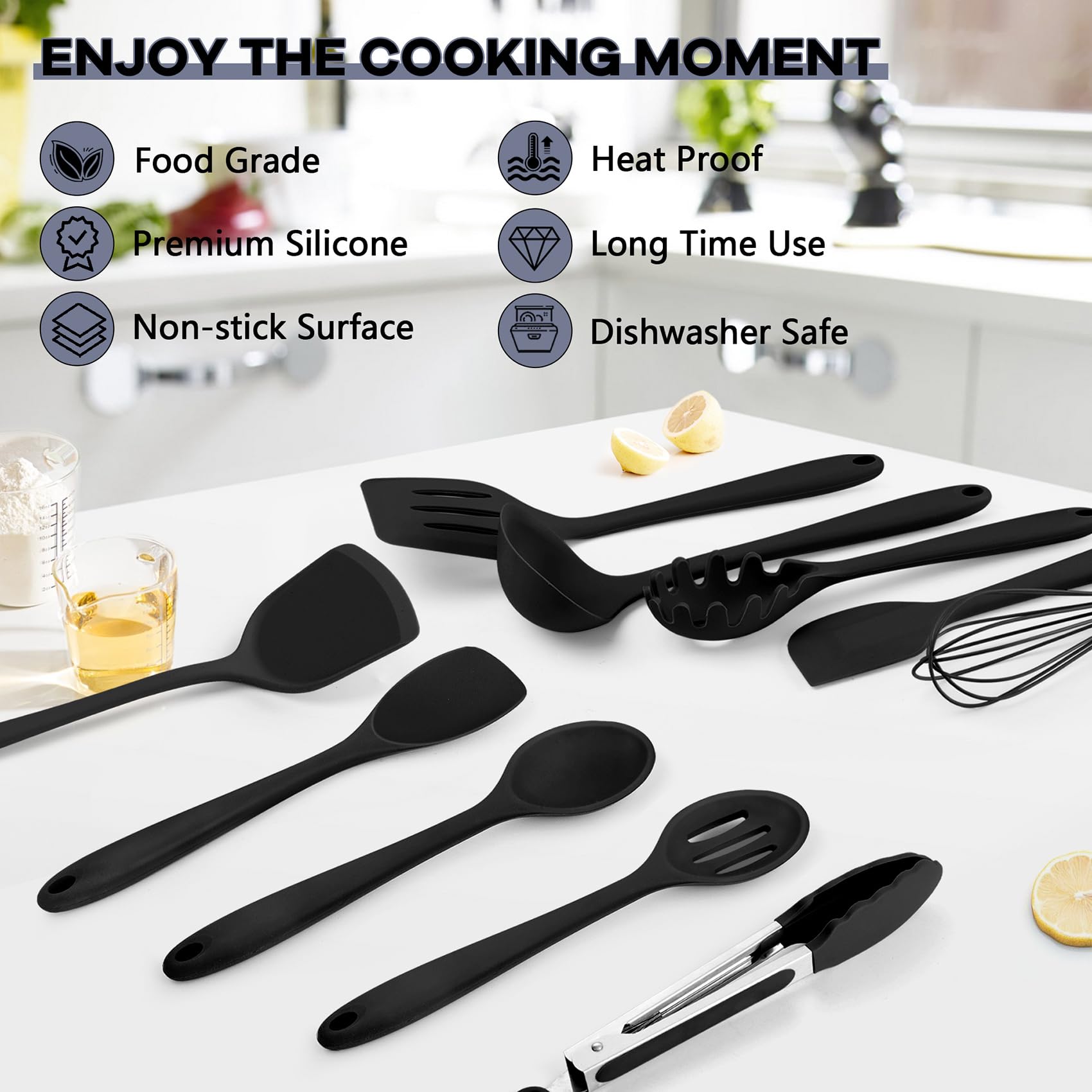 TeamFar tenazas cocina silicona, agarre seguro y protección para utensilios antiadherentes.