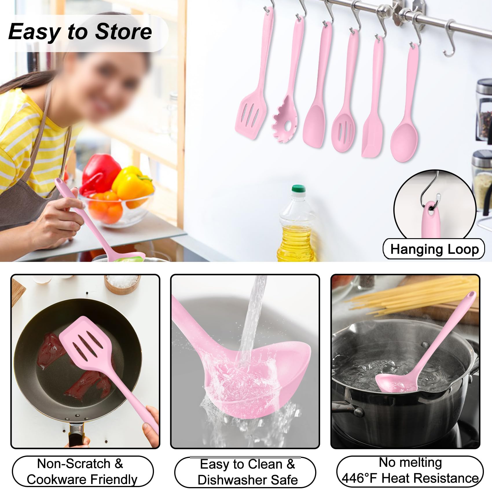 TeamFar servidor de pasta silicona rosa, facilita servir pasta caliente sin rayar ollas