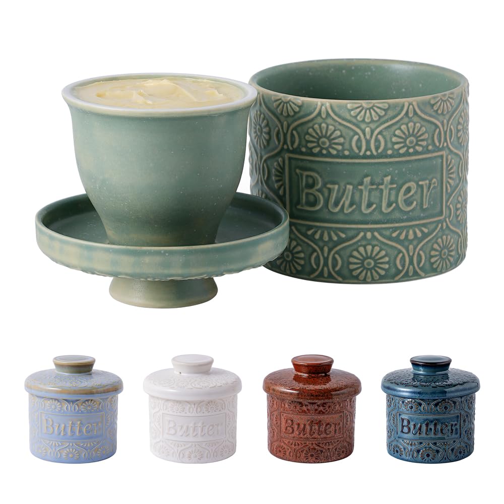 TEATALK mantequera ceramica francesa verde para mantequilla fresca y lista para untar