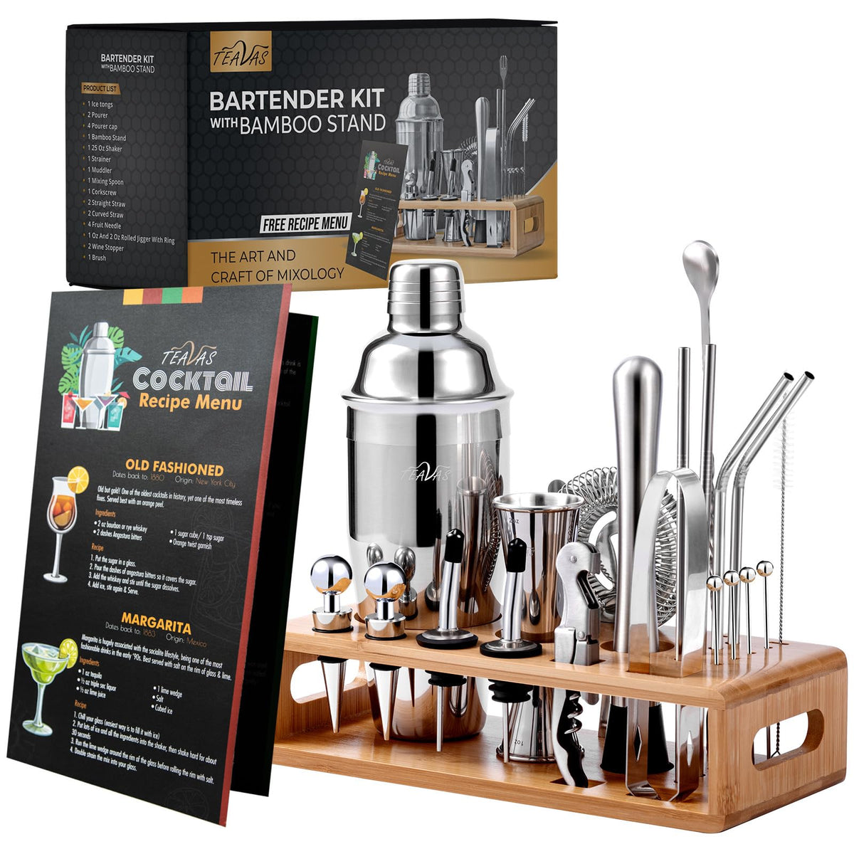 TEAVAS kit de bartending con coctelera y soporte de bambú para organización elegante