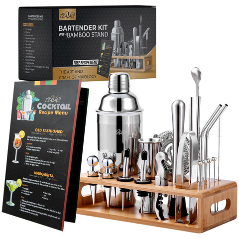 TEAVAS kit de bartending con coctelera y soporte de bambú para organización elegante