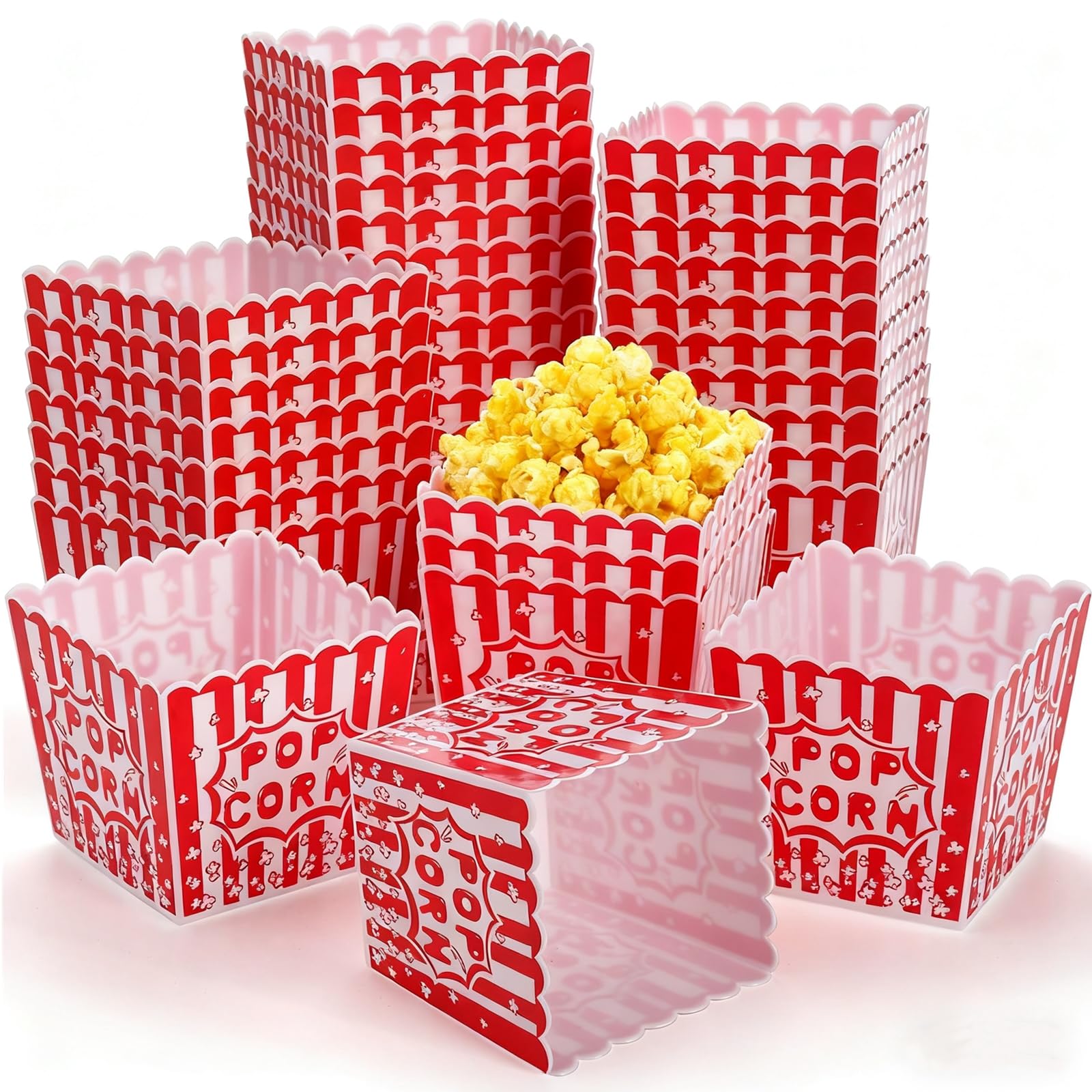 Tebery cajas de palomitas con rayas rojas y blancas, ideales para cine en casa.