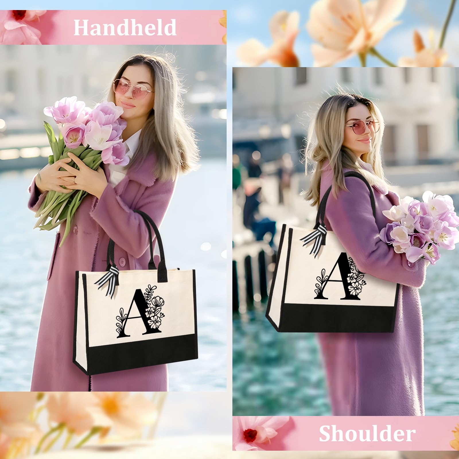 Tecanne bolsa canvas con inicial, mayor capacidad, perfecto para compras o playa.