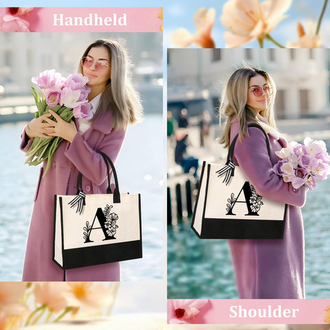 Tecanne bolsa canvas con inicial, mayor capacidad, perfecto para compras o playa.