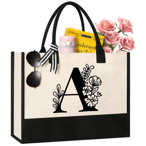 Tecanne bolsa canvas inicial personalizada, vista frontal, ideal para llevar compras con estilo diario.
