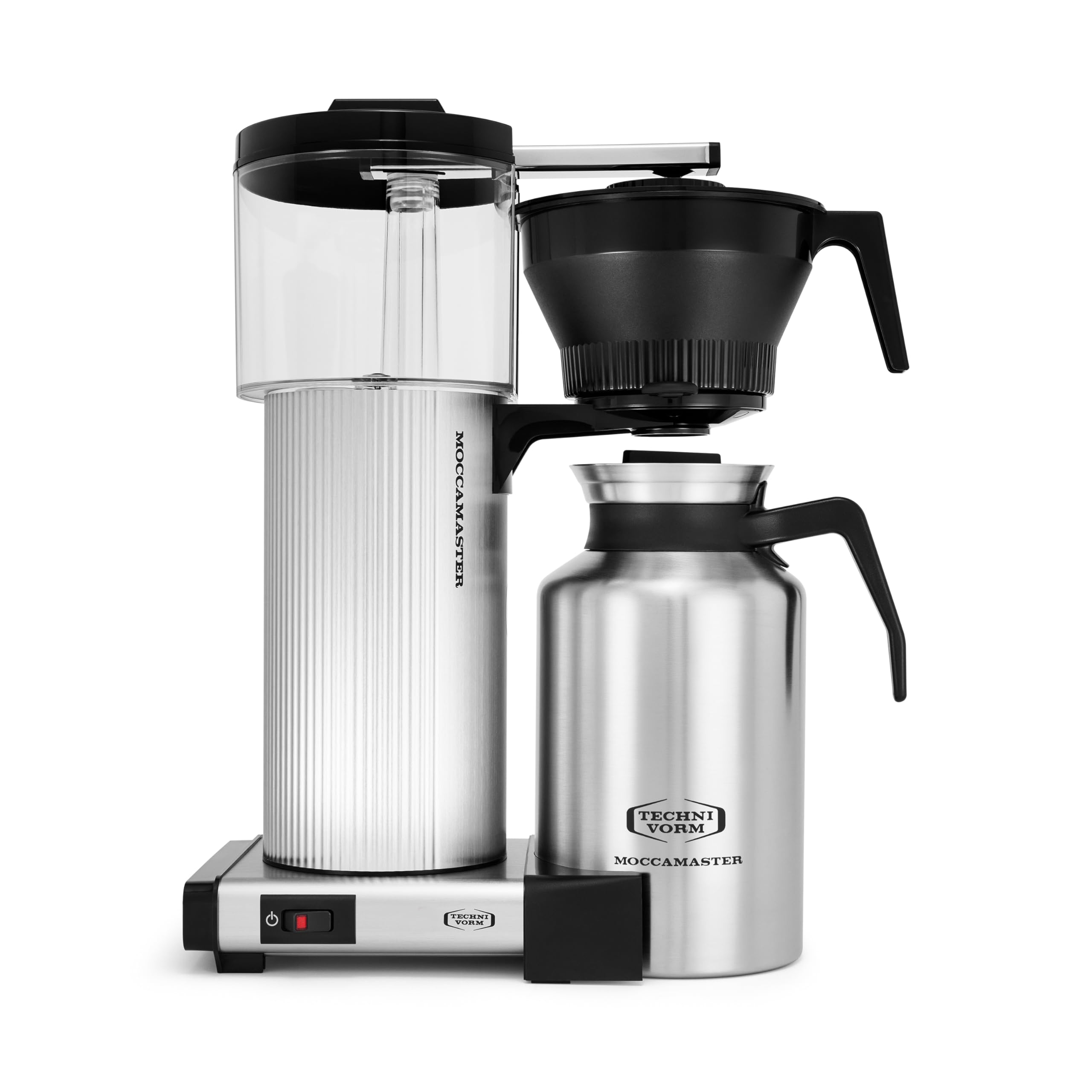 Technivorm Moccamaster CDT Grand frente plateado, diseño elegante y rendimiento confiable.