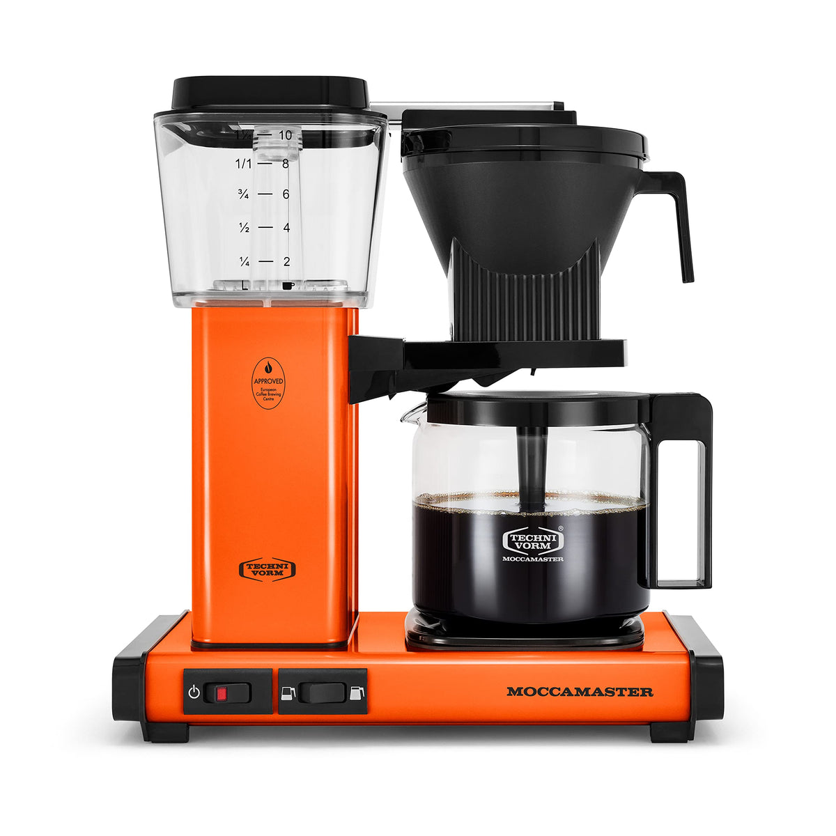 Technivorm Moccamaster cafetera naranja frontal para una preparación directa y eficiente.
