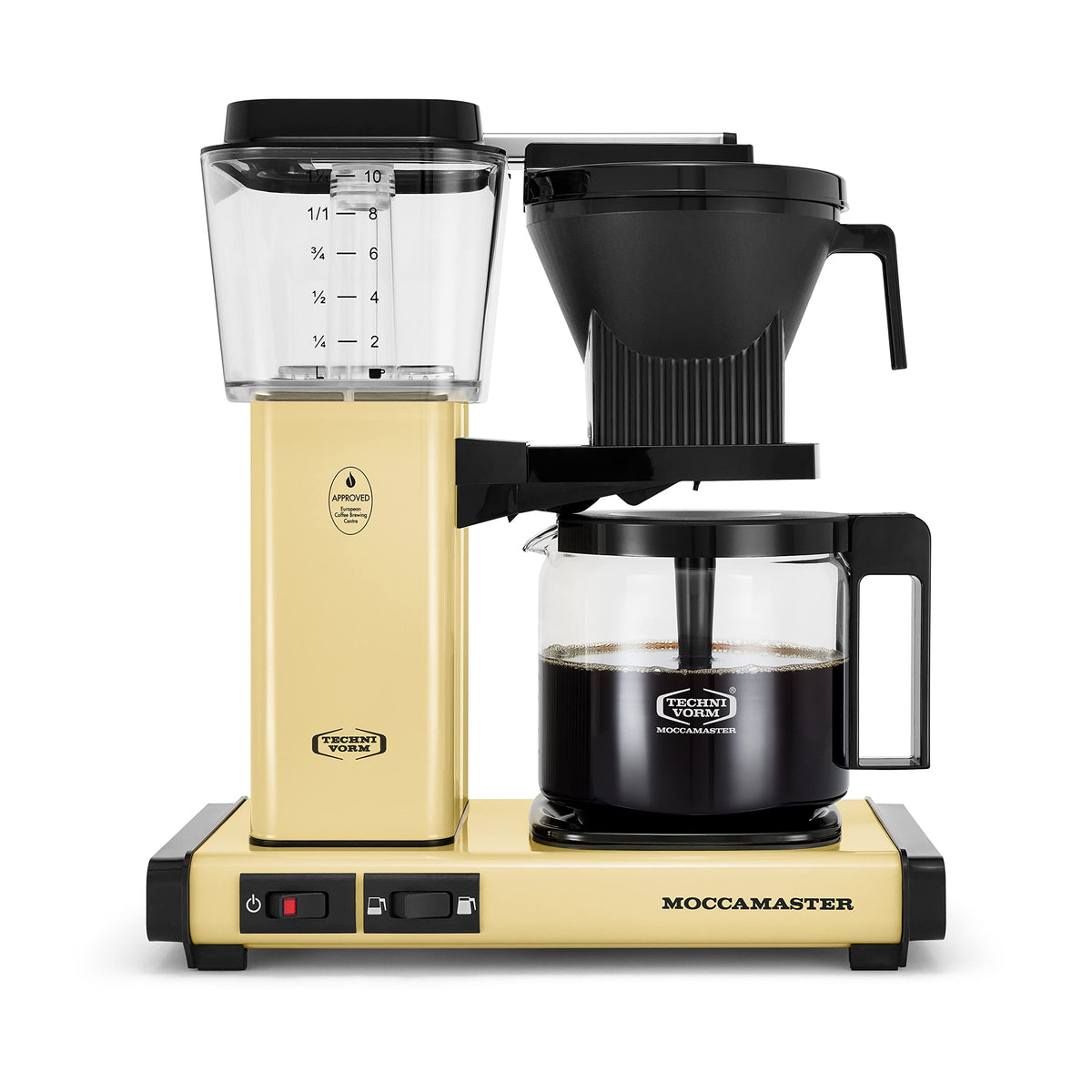 Technivorm Moccamaster KBGV frente de cafetera amarilla mantequilla listo para café fresco de la mañana