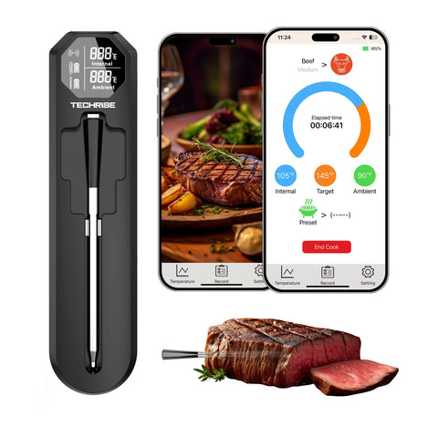 TechRise termómetro de carne con conectividad inalámbrica y aplicación para control remoto.