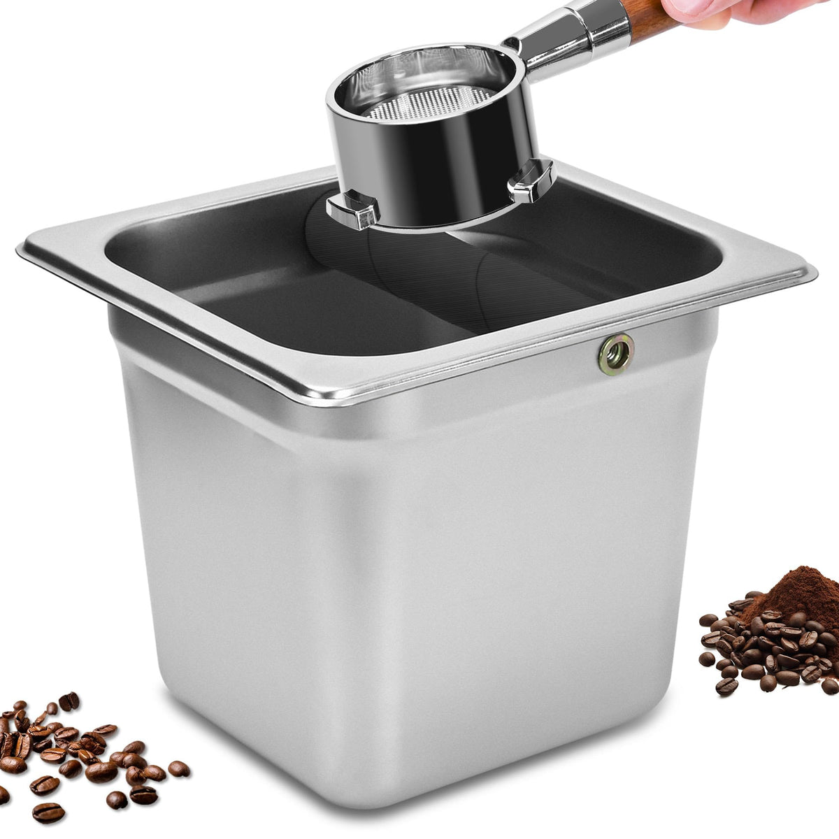 TECHSHARE recogeposos para café expreso, cuadrado con boca recta, recoge posos de forma limpia y eficiente.