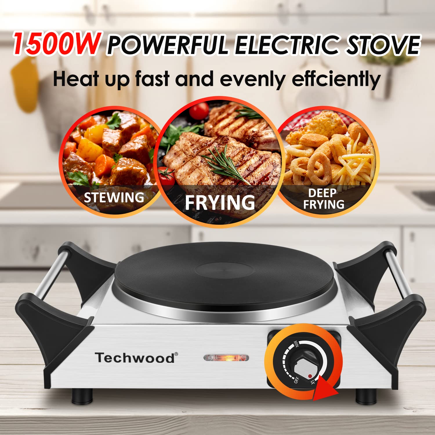 Techwood hornilla 1500W, superficie de cocción amplia para salsas, huevos y más.