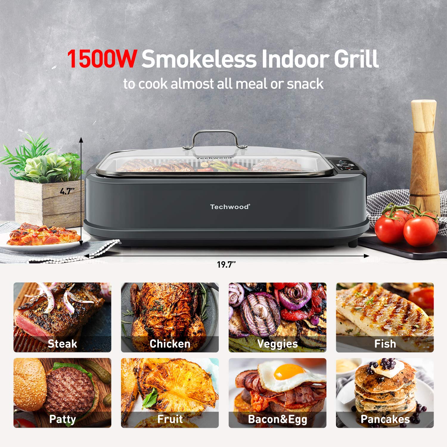 Techwood Parrilla interior con bandeja de goteo para facilitar la limpieza.