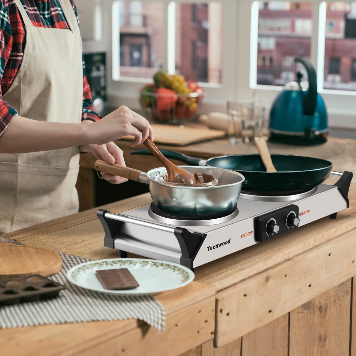 Techwood placa doble calentador, dos quemadores para cocinar dos platos.