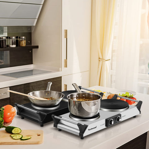 Techwood placa doble calentador, limpieza rápida tras cocinar.