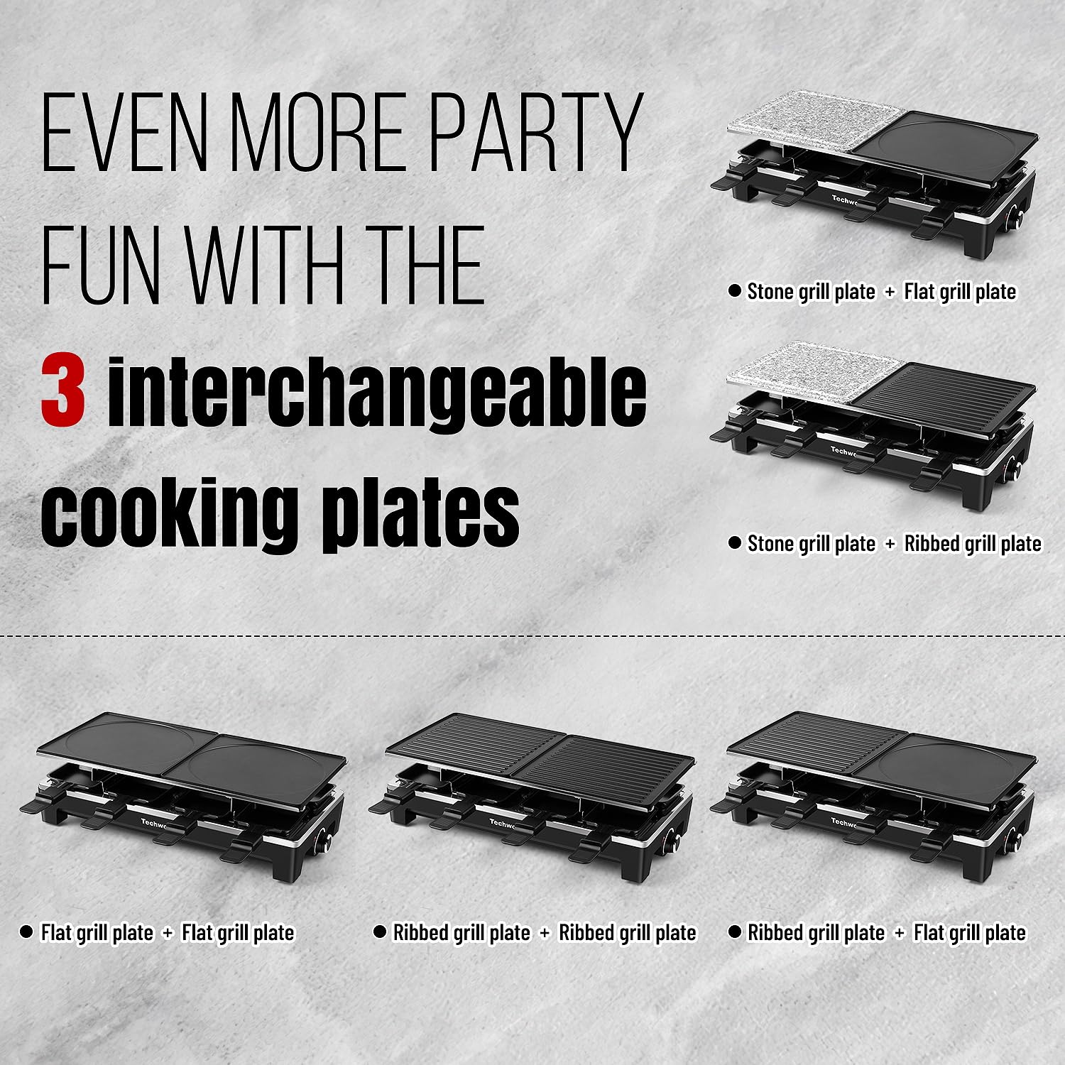 Techwood Raclette Grill incluye 8 sartenes para porciones personalizadas
