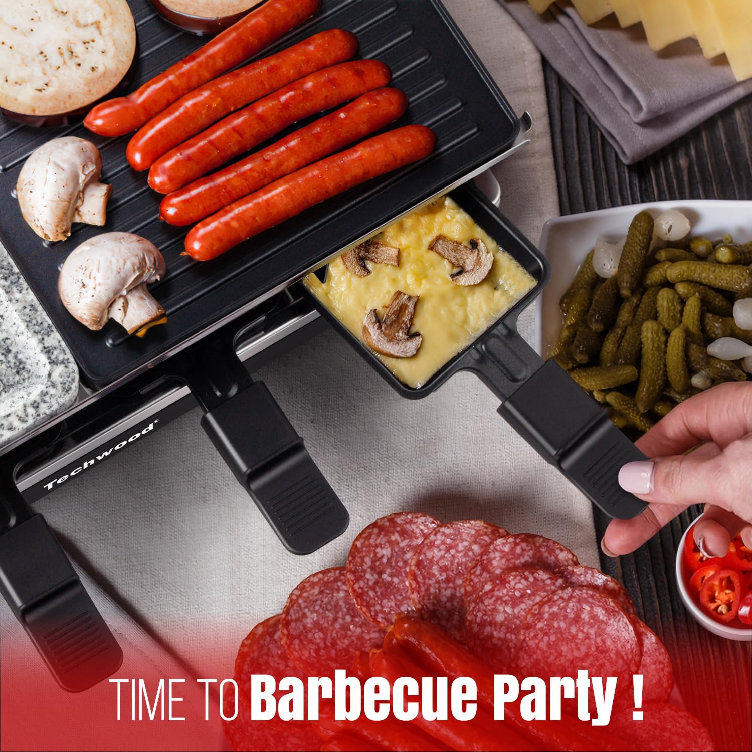 Superficie amplia de Techwood Raclette Grill para cocinar varias porciones