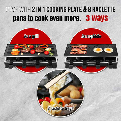 Techwood Raclette Grill, temperatura ajustable con luces para cocción precisa