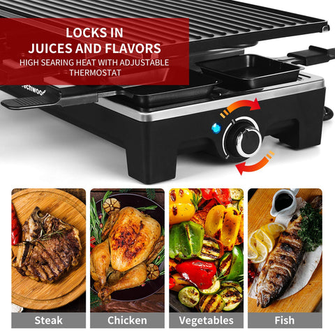 Techwood Raclette: temperatura ajustable con luces indicadoras para controlar la cocción.