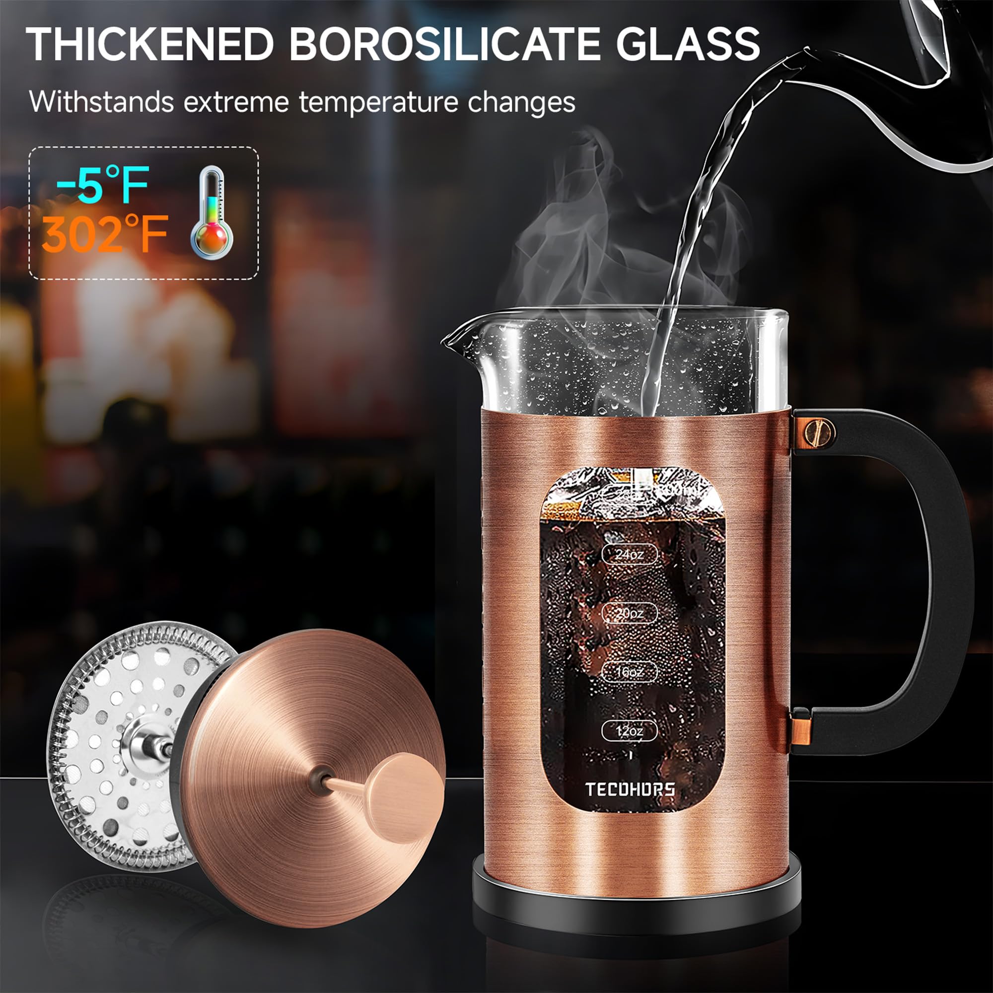 TECOHORS Prensa Francesa vidrio borosilicato: claridad y resistencia al calor